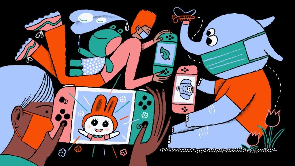 Ilustración de personas jugando con consolas portátiles.